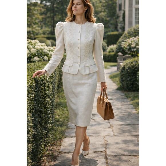Jessica McClintock Jackets & Blazers - 90’s Jessica McClintock White Linen Lace Skirt Suit 12 wedding bridal courthouse